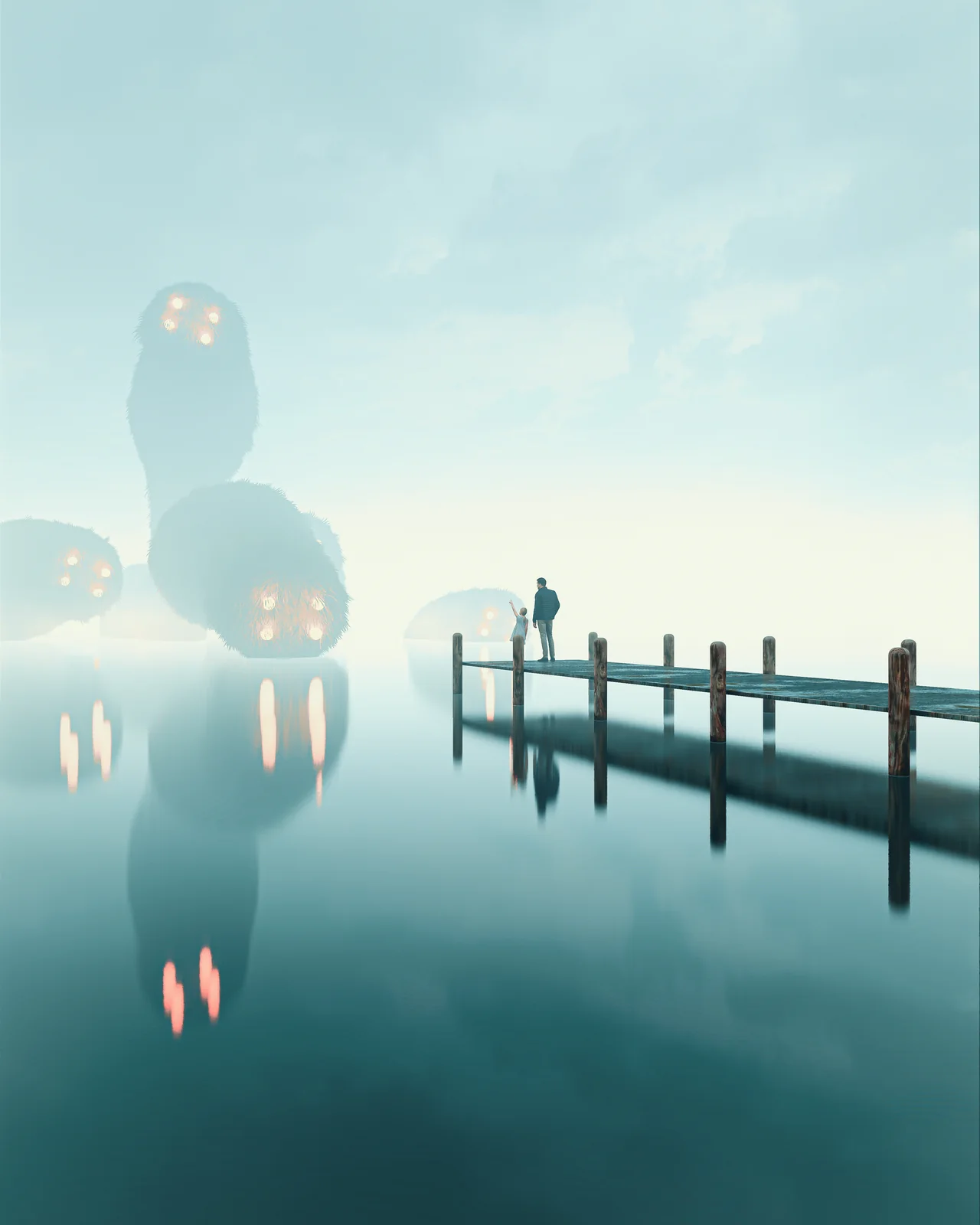 A giant, softly illuminated creature rises beyond a pier in mist.