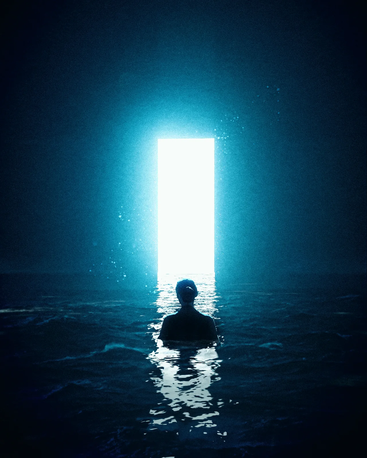 A figure stands in dark water facing a brilliant rectangular opening.