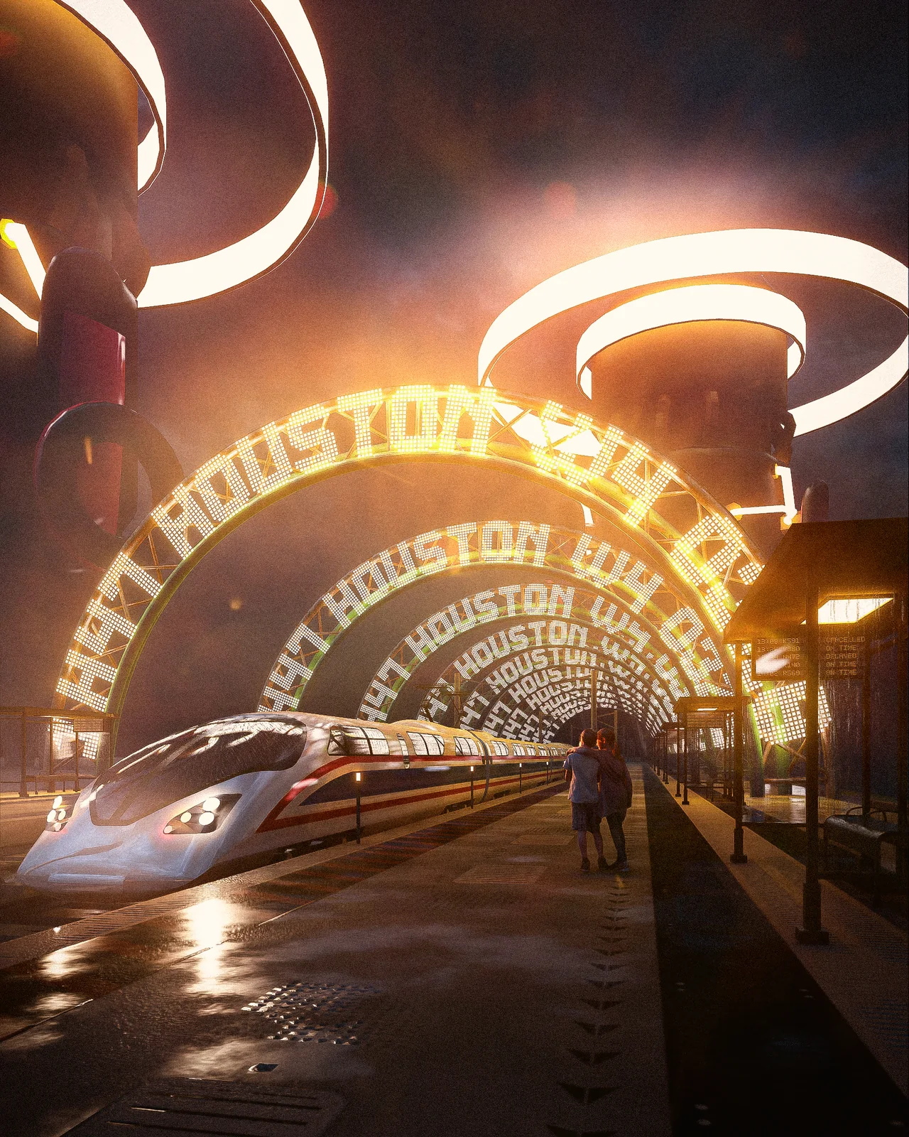 A futuristic street glows with suspended rings and warm illuminated lettering.