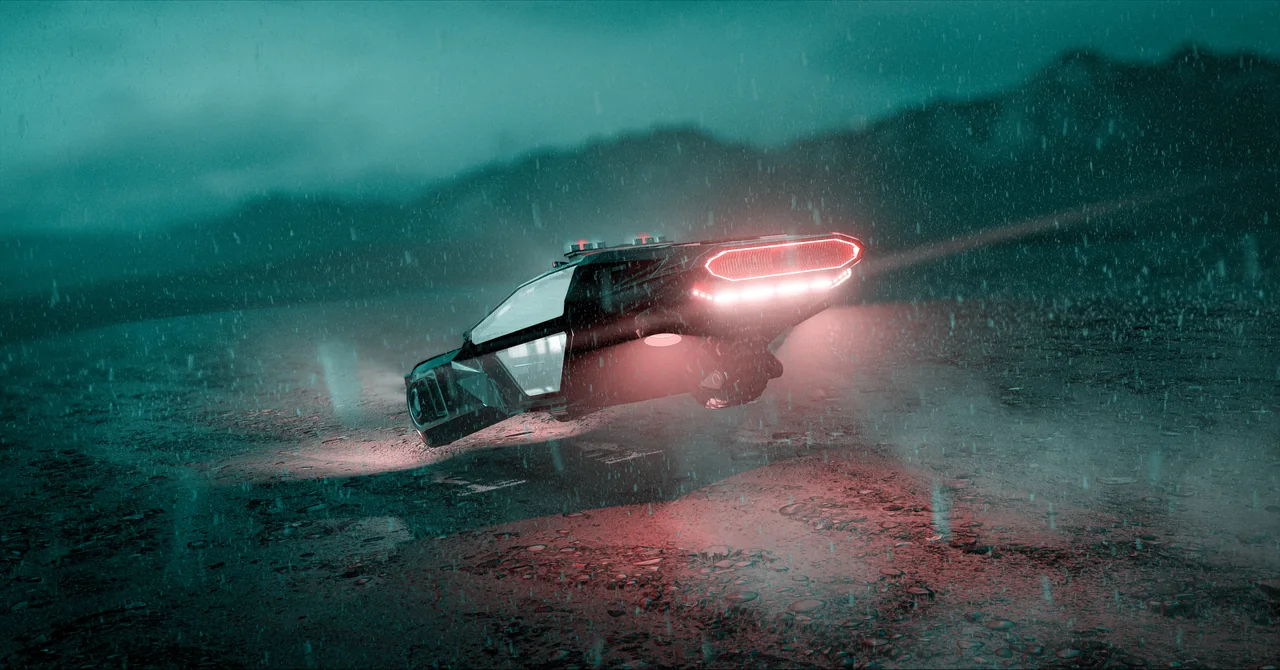 A futuristic vehicle hovers over a rain-soaked desert landscape.