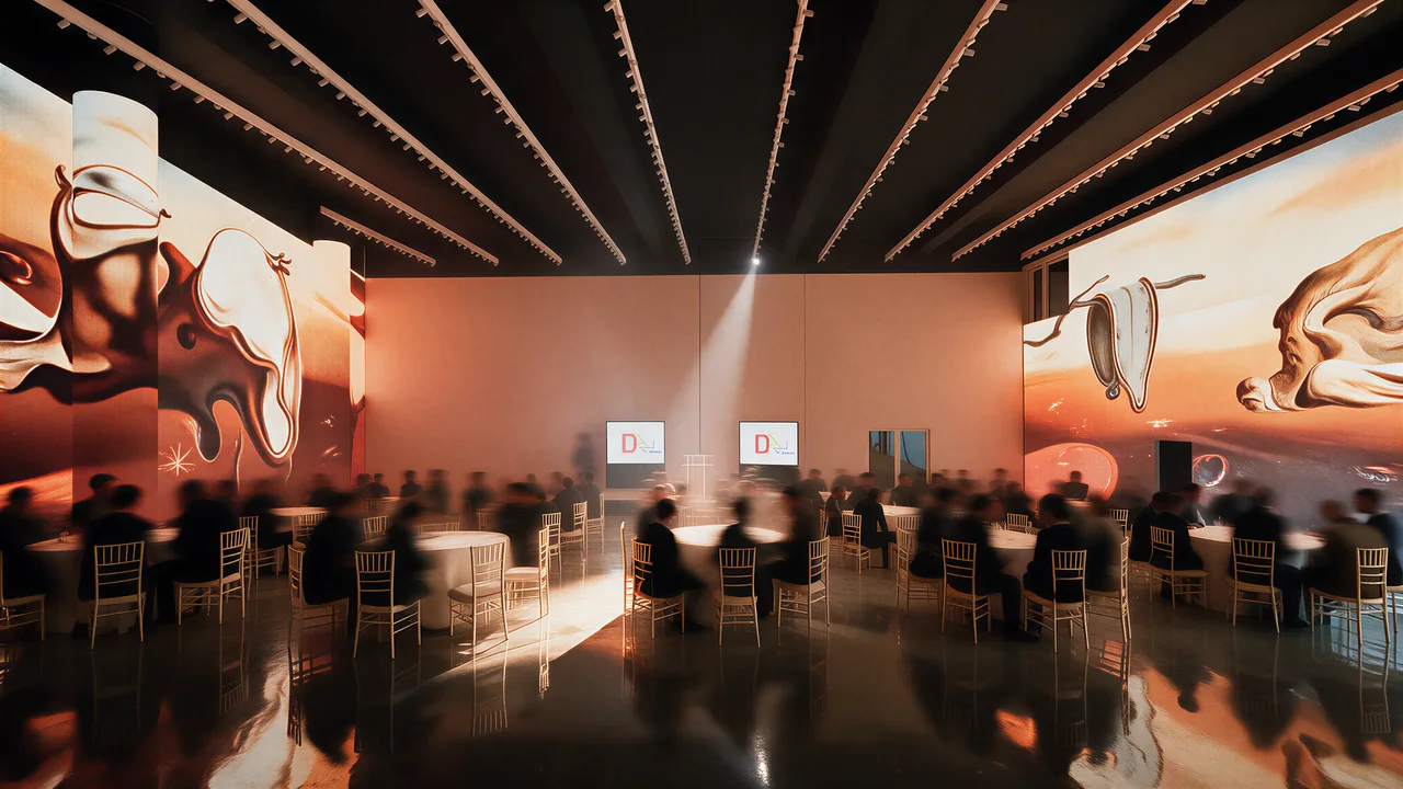 Concept visualization of guests around banquet tables, surrounded by large Dalí projections and warm reflected light.
