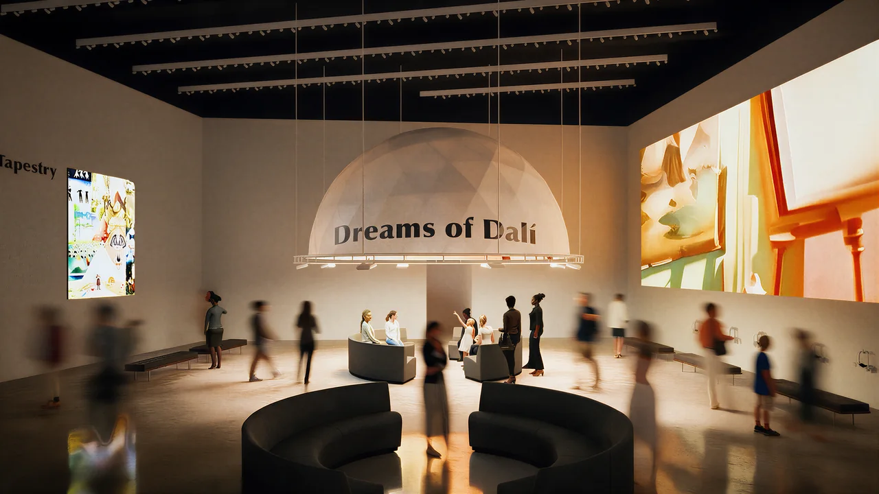 Concept visualization of a gallery with projected Dalí imagery surrounding visitors.
