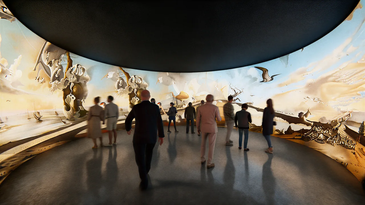Visitors surrounded by a continuous projected art environment in a concept visualization.
