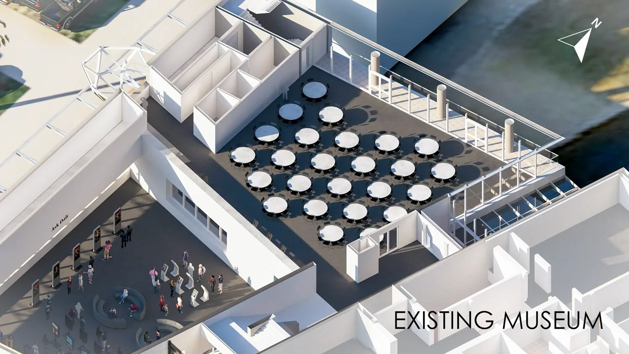 Axonometric concept study showing round banquet tables arranged across the museum event room.