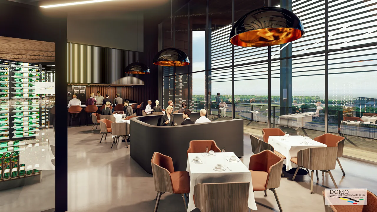 Rendered restaurant seating overlooks the circuit through tall glazing.