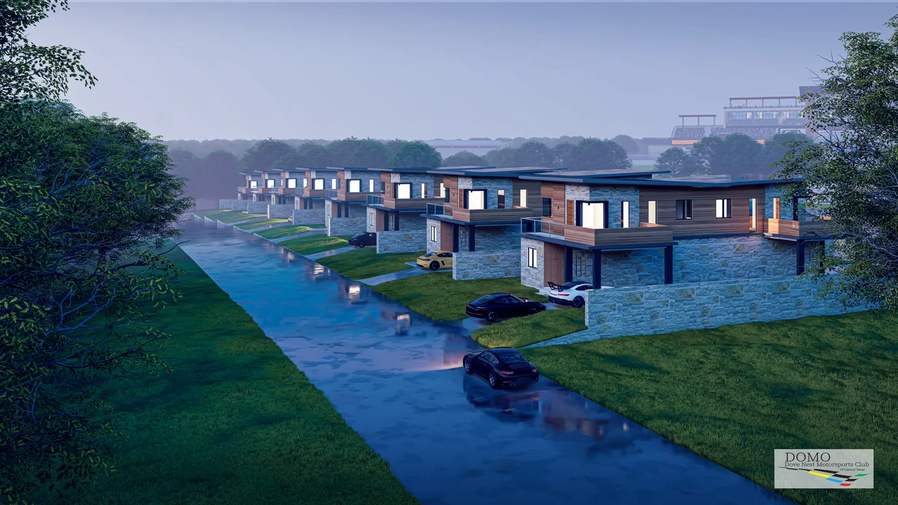 Rendering of modern residences beside a landscaped waterway.