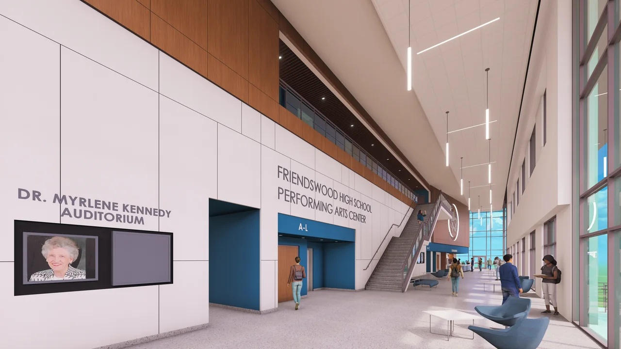 Rendering of the performing arts lobby with timber walls, blue seating and school graphics.