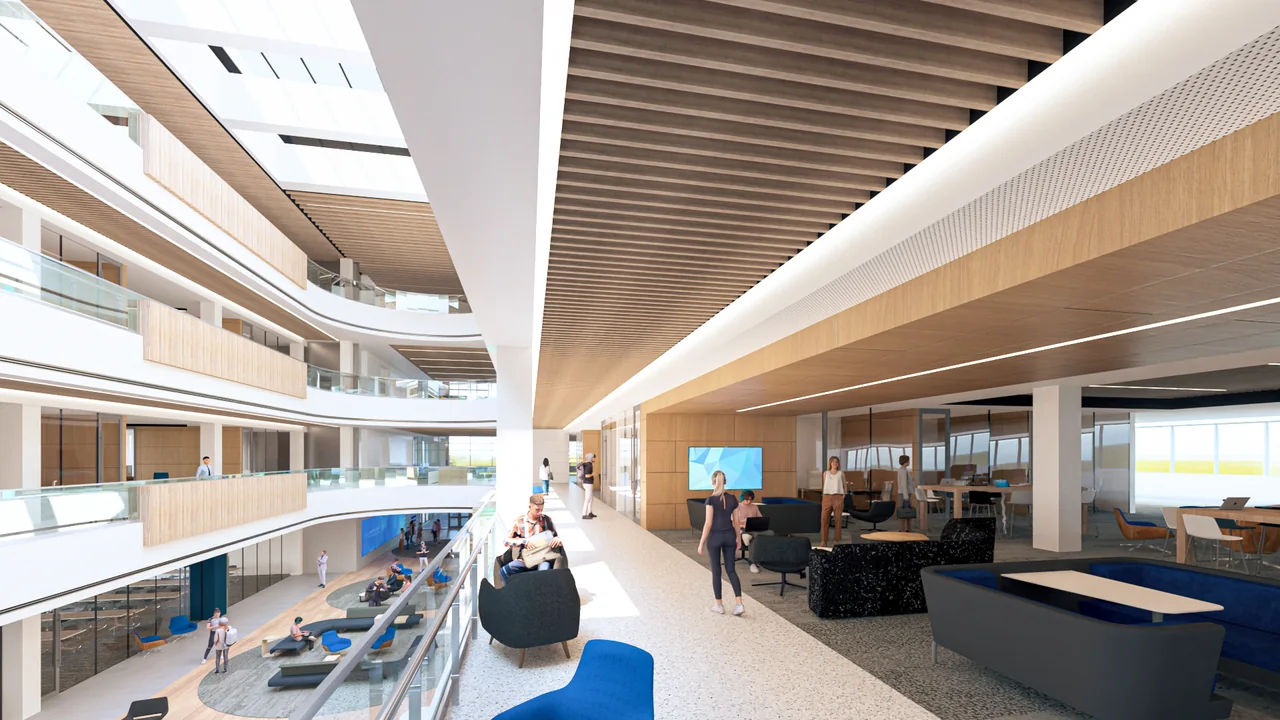 A rendered upper-level lounge looks across the open atrium.
