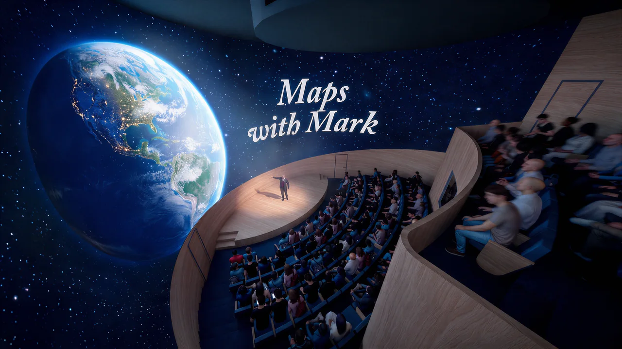 Concept rendering of students in a domed learning space with a projected image of Earth.