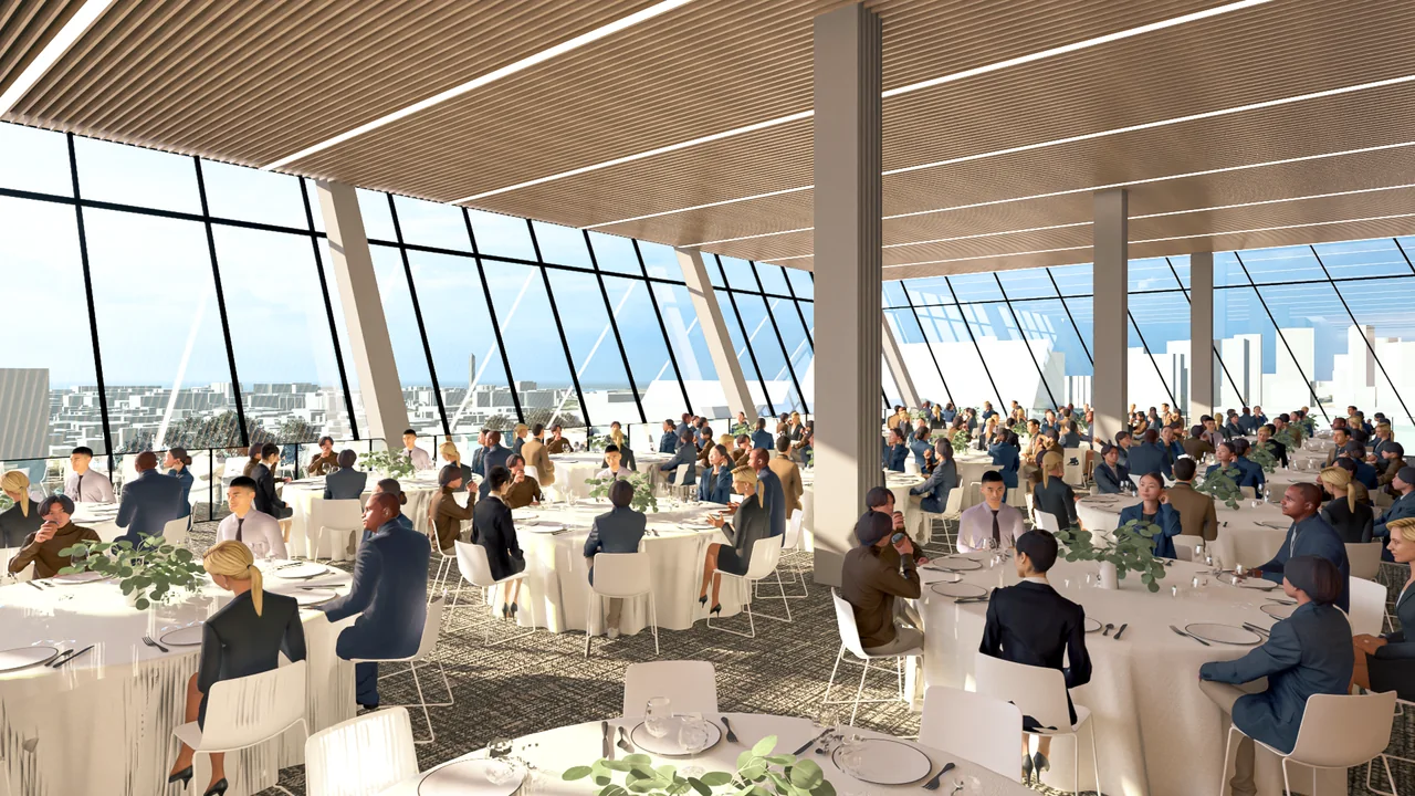 A rendered reception space opens to tall windows and campus views.