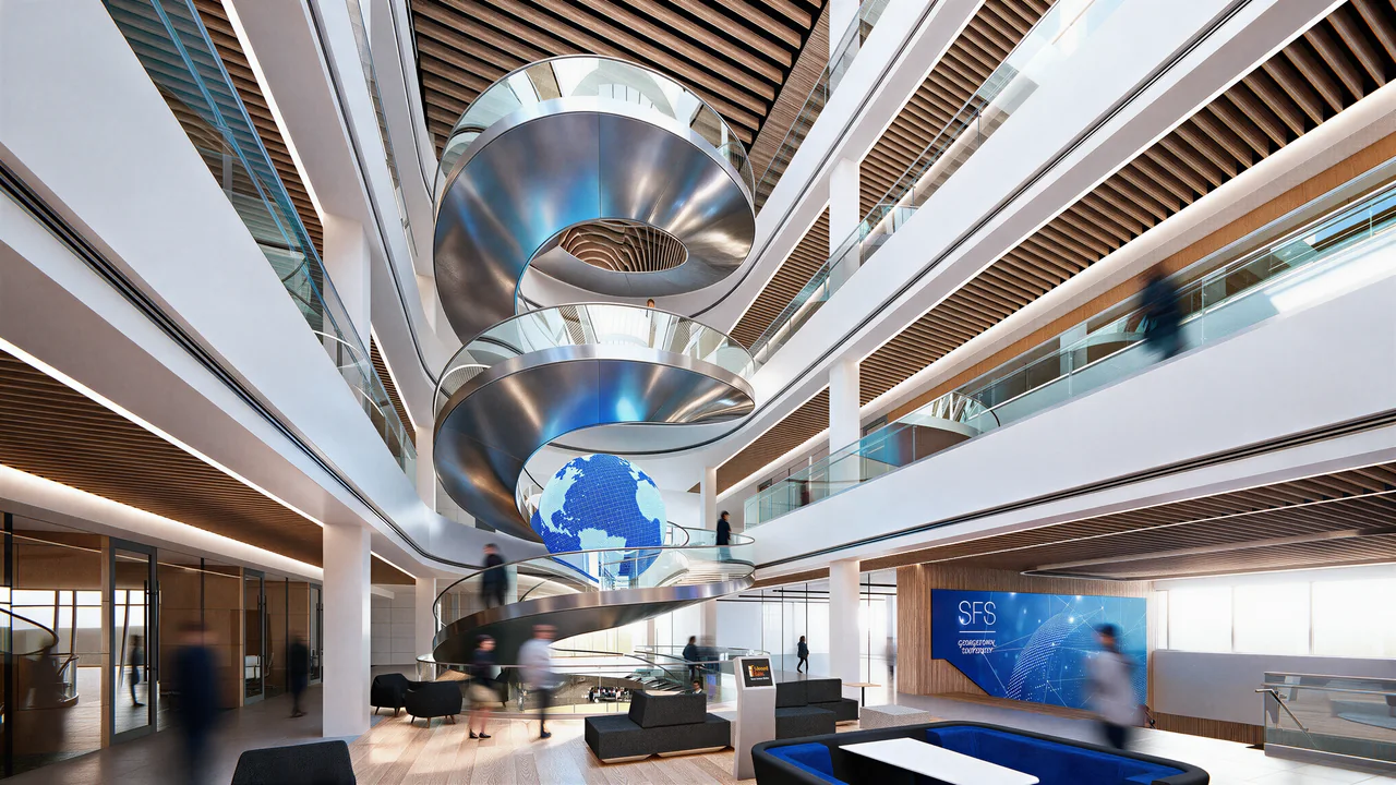 Concept rendering of a spiral stair surrounding a digital globe in a light-filled atrium.