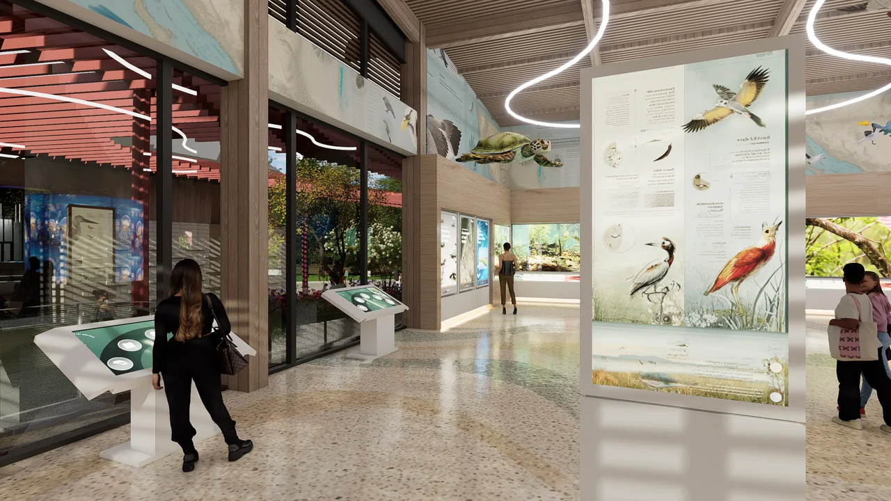 Rendered nature displays line a bright gallery overlooking planting outside.