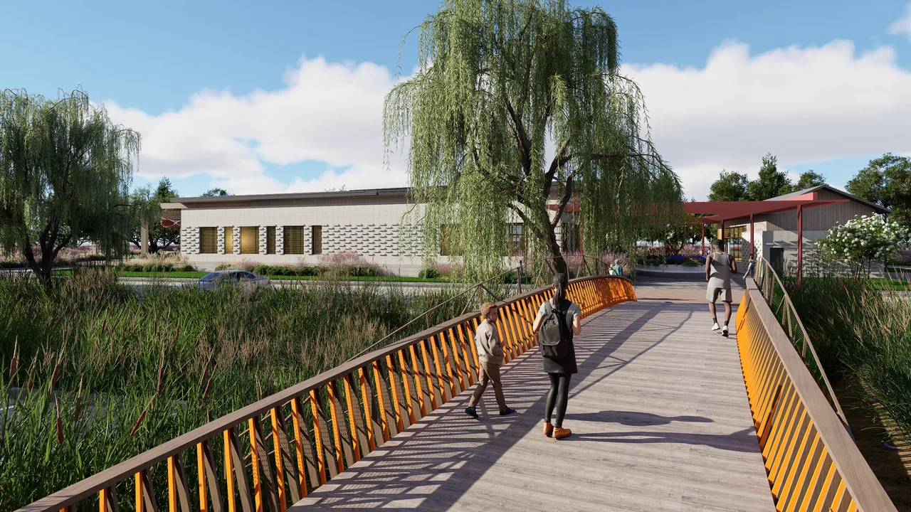 Design rendering of a pedestrian bridge connecting the wetland landscape and buildings.