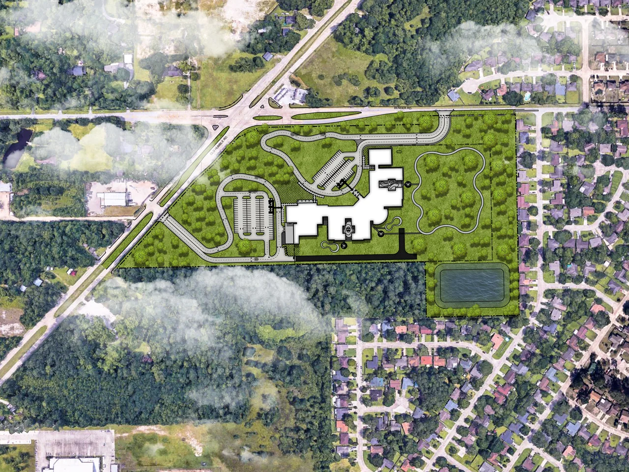 Illustrated campus plan with learning areas and paths surrounding the school.