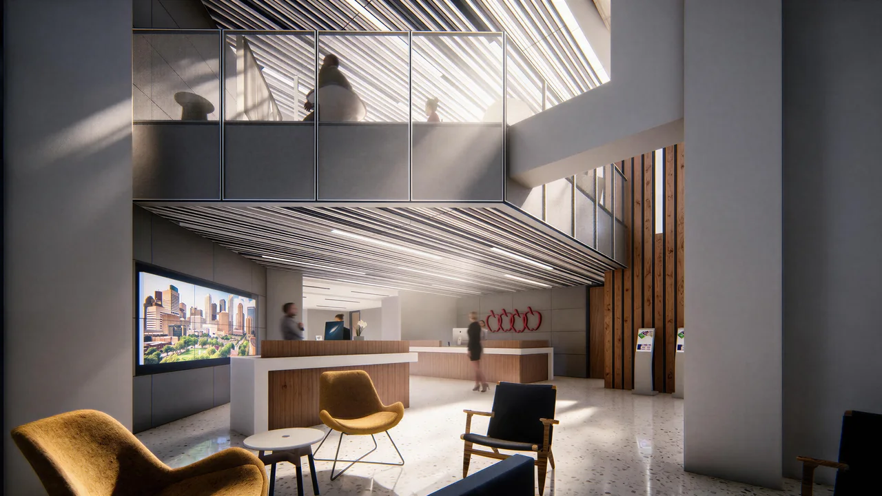 Rendering of timber slats continuing across an employee reception area.