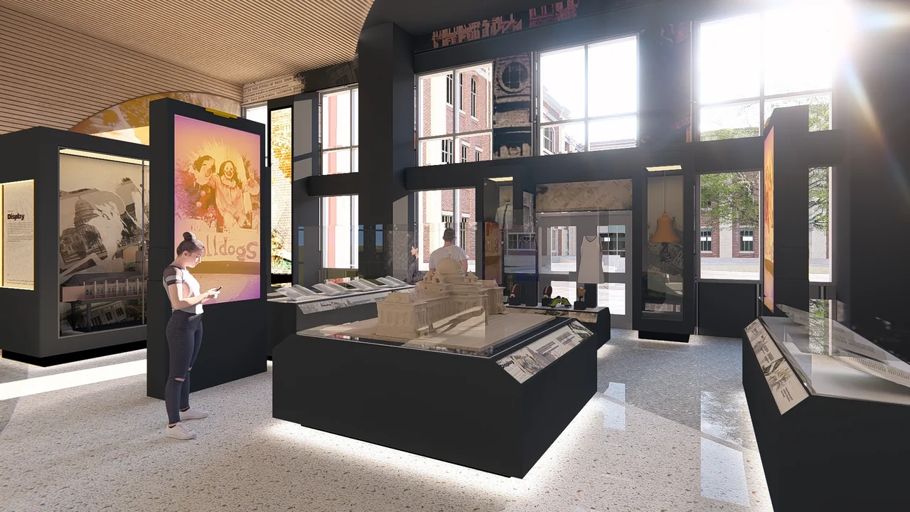 Rendering of a historic architectural model surrounded by archival images and exhibits.
