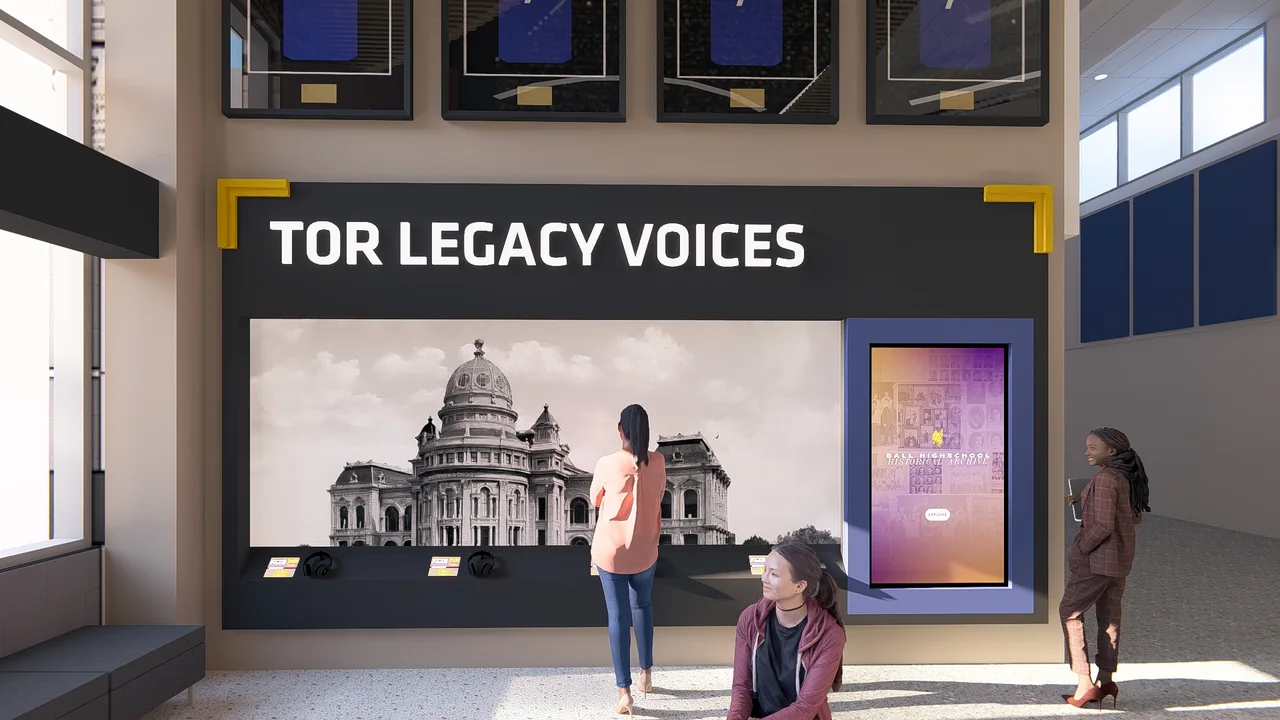 Rendering of the Tor Legacy Voices display with seating and oral-history media.